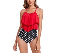 FLYILY Maillot de Bain Tankini pour Femme Haut Double à Volants Taille Haute Maillots de Bain 2 pièces Maillots de Bain(4-Red,XL)