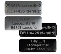 Flying-Drone - Lot de 2 plaques d'identification de drone 20 x 8 mm pour DJI NEO et autres modèles | Noir ou argent | E-ID + adresse individuelle gravée | aluminium pour marquage conforme à EASA