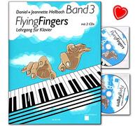 Flying Fingers Band 3 - École de piano (niveau moyen) de Daniel Hellbach avec 2 CD et pince pour partitions en forme de cœur colorée