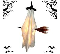 Flying Halloween Decoration - Light Up Scary Ghost on Broom Prop | Animated Halloween Yard Decor for Patio Backyard Porch Haunted House Front Door Courtyard Lawn Garage Use | Spooky Outdoor Hanging