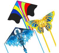 Flying Hoofer Grand cerf-volant (lot de 3) - Facile à voler pour les enfants et les adultes, la plage, le parc et les activités de plein air (arc-en-ciel Delta & dragon & papillon doré)