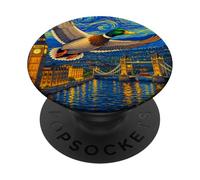 Flying Immigrant Mallard Duck in The Starry Night Painting PopSockets PopGrip Adhésif