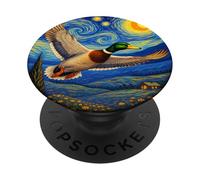 Flying Immigrant Mallard Duck in The Starry Night Painting PopSockets PopGrip Adhésif