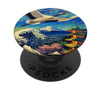 Flying Japanese Red Crowned Crane in The Starry Night Paint PopSockets PopGrip Adhésif