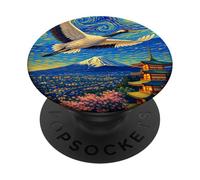 Flying Japanese Red Crowned Crane in The Starry Night Paint PopSockets PopGrip Adhésif