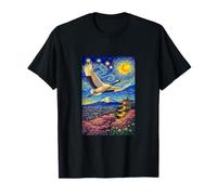 Flying Japanese Red Crowned Crane in The Starry Night Paint T-Shirt