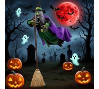 Flying Witch Halloween Decor on Broom, Halloween Decorations Outdoor with Sound & Motion Activation, Light-Up Eyes, Spooky Scary Decor for Home Outside Garden Yard Lawn (1pcsA)