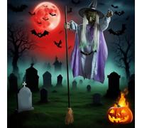 Flying Witch Halloween Decor on Broom, Halloween Decorations Outdoor with Sound & Motion Activation, Light-Up Eyes, Spooky Scary Decor for Home Outside Garden Yard Lawn (1pcsB)