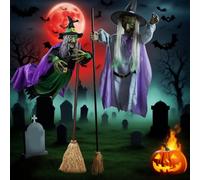 Flying Witch Halloween Decor on Broom, Halloween Decorations Outdoor with Sound & Motion Activation, Light-Up Eyes, Spooky Scary Decor for Home Outside Garden Yard Lawn (2pcs)