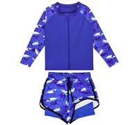 FLYISH DIRECT Maillot de Bain Garçon UPF 50+ avec Rash Vest à Manches Longues, Short de Bain avec Doublure de Compression, Costume de Bain Garçon Séchage Rapide et Extensible, Requin, 130