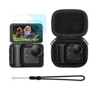 Flymile Petit étui de transport + lot de 2 protecteurs d'écran pour Insta360 GO Ultra, sac de rangement de voyage rigide en polyuréthane avec mousqueton et dragonne, film de protection en verre trempé