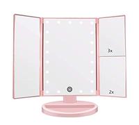 Flymiro Miroir de maquillage avec lumière 1x / 2X / 3X Trifold grossissant 21 LED écran tactile, réglable à 180° miroir cosmétique de maquillage pour voyage (rose)