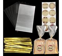 Flyoo 150 Pièces Sac Sachet Bonbon, 15 x 25cm Sachets Transparent, Sac Cellophane Sac OPP avec 160 Ruban Métalliques, 20 Autocollants Kraft, Sacs en Plastique pour Bonbons, Savon, Biscuits