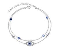 Flyow Bracelet de cheville pour femme - Mauvais œil - Turquoise créée/infini - Double chaîne de cheville réglable - Pour l'été - Cadeau de plage, Argent