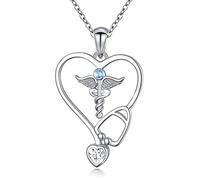 Flyow Ensemble de bijoux stéthoscope en argent sterling 925, collier et boucles d'oreilles, pour infirmière, médecin, cadeau pour diplôme d'étudiant en médecine, Argent sterling, Zircon cubique
