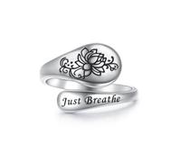 Flyow Just Breathe Bague Lotus pour femme en argent sterling 925 réglable ouverte fleur de lotus Bague inspirante Yoga Bijoux Cadeau pour femmes et hommes, Argent sterling, Aucune pierre précieuse