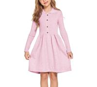 Flypigs Robe de Loisirs pour Fille Automne Hiver à Manches Longues en Tricot Patineuse Unie élégante décontractée pour Fête Rose 10-11 Ans 140