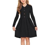 Flypigs Robe décontractée pour Fille - Robe élégante et Festive à Manches Longues - Robe tricotée Automne-Hiver - Robe Patineuse Unie - Robe de soirée trapèze - Noir - 10-11 Ans - 140