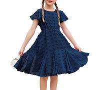 Flypigs Robe d'été pour Filles Courte trapèze élégante Mignonne en Mousseline de Soie Robe de Princesse été Manches Courtes Volants foncé Bleu 7-8 Ans