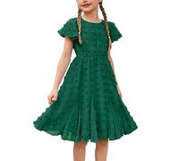 Flypigs Robe d'été pour Filles Robe Courte trapèze élégante décontractée en Mousseline de Soie Robe de Plage à Manches Courtes Volants Vert 9-10 Ans