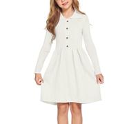 Flypigs Robe Pull à Manches Longues pour Fille Robe tricotée à col Claudine pour Enfant Robe d'hiver trapèze Robe Pull à Boutons pour Enfant Robe décontractée Blanc 5-6 Ans