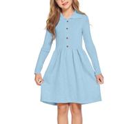 Flypigs Robe Pull à Manches Longues pour Fille Robe tricotée à col Claudine pour Enfant Robes d'hiver trapèze Robes décontractée à Boutons pour Enfant, Bleu 110/4-5 Ans