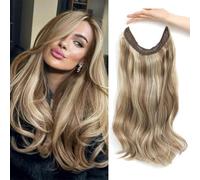 Flyroseing Extensions de cheveux bruns ondulés, 45,7 cm, fibre synthétique douce marron avec blond secret, taille réglable, 2 clips sécurisés, fil transparent