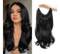 Flyroseing Extensions de cheveux noirs foncés ondulés - 45,7 cm - En fibre synthétique - 2 clips sécurisés - Avec fil transparent - Taille réglable