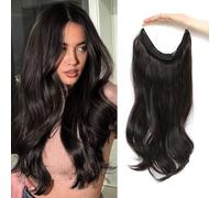Flyroseing Extensions de cheveux ondulés en fibre synthétique avec fil transparent - Taille réglable - 45,7 cm - Brun foncé
