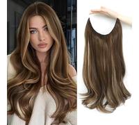 Flyroseing Halos Hair Extensions de cheveux ondulés Marron naturel avec mèches Fibre synthétique avec fil transparent Taille réglable 45,7 cm