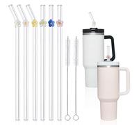 flysclean - Lot de 6 pailles en verre de rechange pour gobelet Stanley de 1,2 l et 887,5 ml, jolies pailles en verre avec breloques, paille Stanley avec brosse de nettoyage