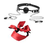 FLYSL Bâillon avec Chaîne pour Pinces à Tétons,Noir Rouge Eye Soie,BDSMs Set Accessoires,Jeu de Rôle Érotique pour Couples,Cadeau Coquin pour Domination et Soumission (A)