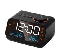 FM Radio-réveil avec écran LED, horloge de chevet numérique avec calendrier, moniteur de température et d'humidité, design compact moderne pour chambre à coucher ou salon (noir)