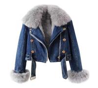 FM2018XSL Veste en Jean Hiver Femme avec Doublure Amovible en Fausse Fourrure Manteau d'Hiver Court Chaude Veste Parka (FR/ES, Alpha/lettres, S, Taille normale, Taille normale, Bleu foncé)