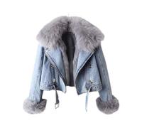 FM2018XSL Veste en Jean Hiver Femme avec Doublure Amovible en Fausse Fourrure Manteau d'Hiver Court Chaude Veste Parka (FR/ES, Alpha/lettres, S, Taille normale, Taille normale, Bleu Clair)