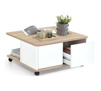 FMD furniture Table Basse Table de Salon Chêne/Blanc Brillant LxHxP Env. 70 X 70 X 36 Cm 2 Compartiments + 2 Tiroirs, sur roulettes