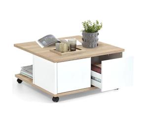 FMD Furniture Table Basse Table de Salon Chêne/Blanc Brillant LxHxP Env. 70 X 70 X 36 Cm 2 Compartiments + 2 Tiroirs, sur roulettes
