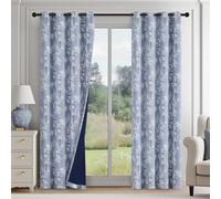 FMFUNCTEX Lot de 2 rideaux 100 % occultants à motif floral pour chambre à coucher - Rideaux bleus à motif floral de 243,8 cm de long pour salon - Isolation thermique - Œillets - Blanc sur bleu