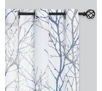 FMFUNCTEX Lot de 2 Rideaux de fenêtre Semi-Transparents en Lin Extra-Longs pour Chambre à Coucher, Salon, filtrant la lumière, œillets, 274,3 cm de Long, Bleu et Blanc, imprimé Branches Grises