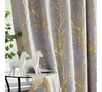 Fmfunctex Lot de 2 rideaux occultants à œillets pour chambre à coucher et salon Motifs branches d'arbre Gris doré 137 cm