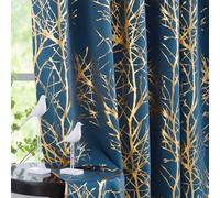 Fmfunctex Lot de 2 rideaux occultants à œillets pour salon et chambre à coucher Motifs branches d'arbre Bleu marine doré 229 cm