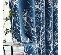Fmfunctex Lot de 2 rideaux occultants à œillets pour salon et chambre à coucher Motifs branches d'arbre Bleu marine argenté 229 cm