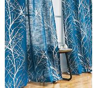 Fmfunctex Lot de 2 rideaux semi-transparents pour chambre à coucher, salon, motif branches en feuille d'aluminium, filtrant la lumière, rideaux de fenêtre pour salle à manger, bleu marine et argenté