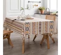 FMIYJUN Nappe rectangulaire de style bohème en coton et lin avec pampilles imperméables et résistantes à l'huile pour cuisine rustique, fête (140 x 180 cm)