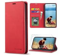FMPCUON Coque Huawei P Smart Plus 2019 Etui en Cuir PU Portefeuille Housse Wallet Case Pochette Cover Coquille Socle Rabattable Béquille +2* Protecteur D'écran en Verre Trempé, Rouge