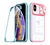 FMPCUON Coque pour iPhone X/iPhone XS,Transparente PC Dur + Silicone TPU Bumper Hybride Étui Camera Slide Case pour iPhone X, | 3 en 1 Étui Protecteur | Couverture complète Antichoc à 360 °,Rose-Bleu