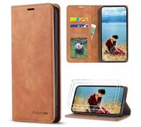 FMPCUON Coque pour Samsung Galaxy A33 5G,et 2 × Verre trempé,Flip Case Pochette Fermeture Magnétique avec Fente pour Carte,Marron