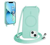 FMPCUON Magnétique Coque avec Cordon pour iPhone 13, [Compatible avec MagSafe] Etui Collier Réglable Téléphone Étui Portable Lanyard Case Protection Complète Cover,Vert Clair