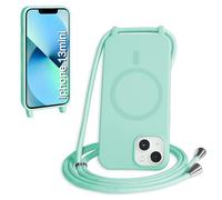 FMPCUON Magnétique Coque avec Cordon pour iPhone 13 Mini, [Compatible avec MagSafe] Etui Collier Réglable Téléphone Étui Portable Lanyard Case Protection Complète Cover,Vert Clair