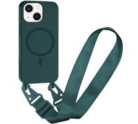 FMPCUON Magnétique Coque avec Cordon pour iPhone 15, [Compatible avec MagSafe] TPU Bumper Silicone Etui Housse avec Cordon Réglable Lanyard Case,Vert